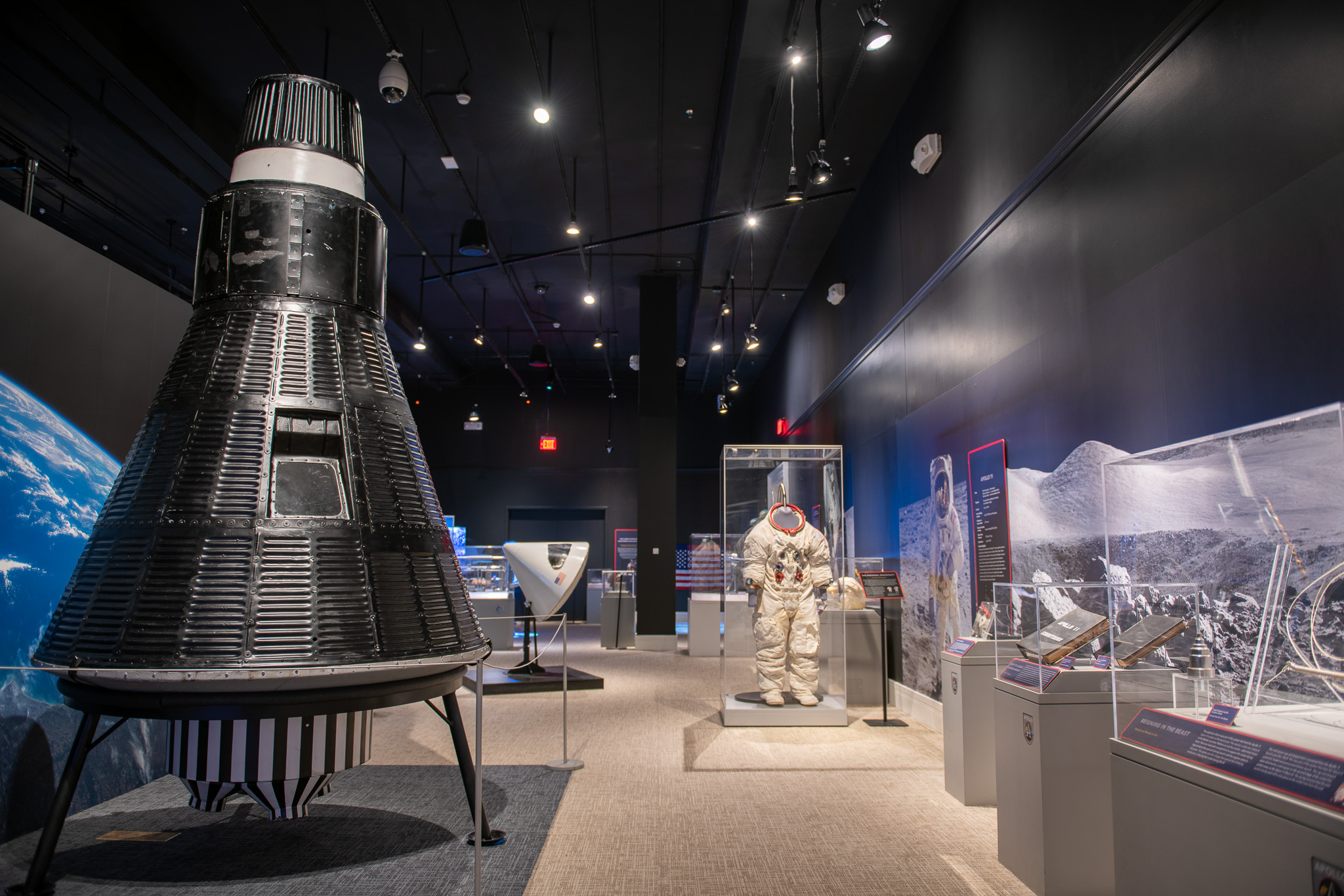 View of the Apollo gallery including space capsule and astronaut suit